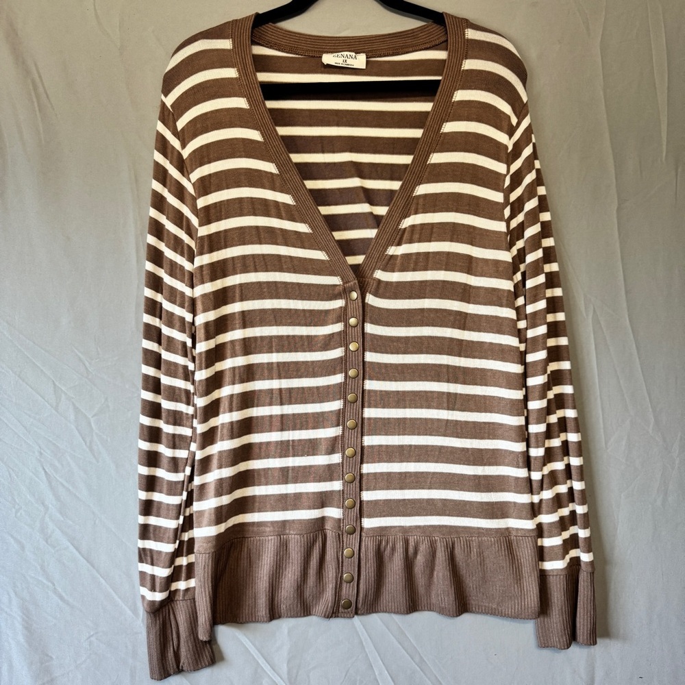Zenana Womens Striped Snap Cardigan 1XL Mocha Stretch Layers Neutral Office